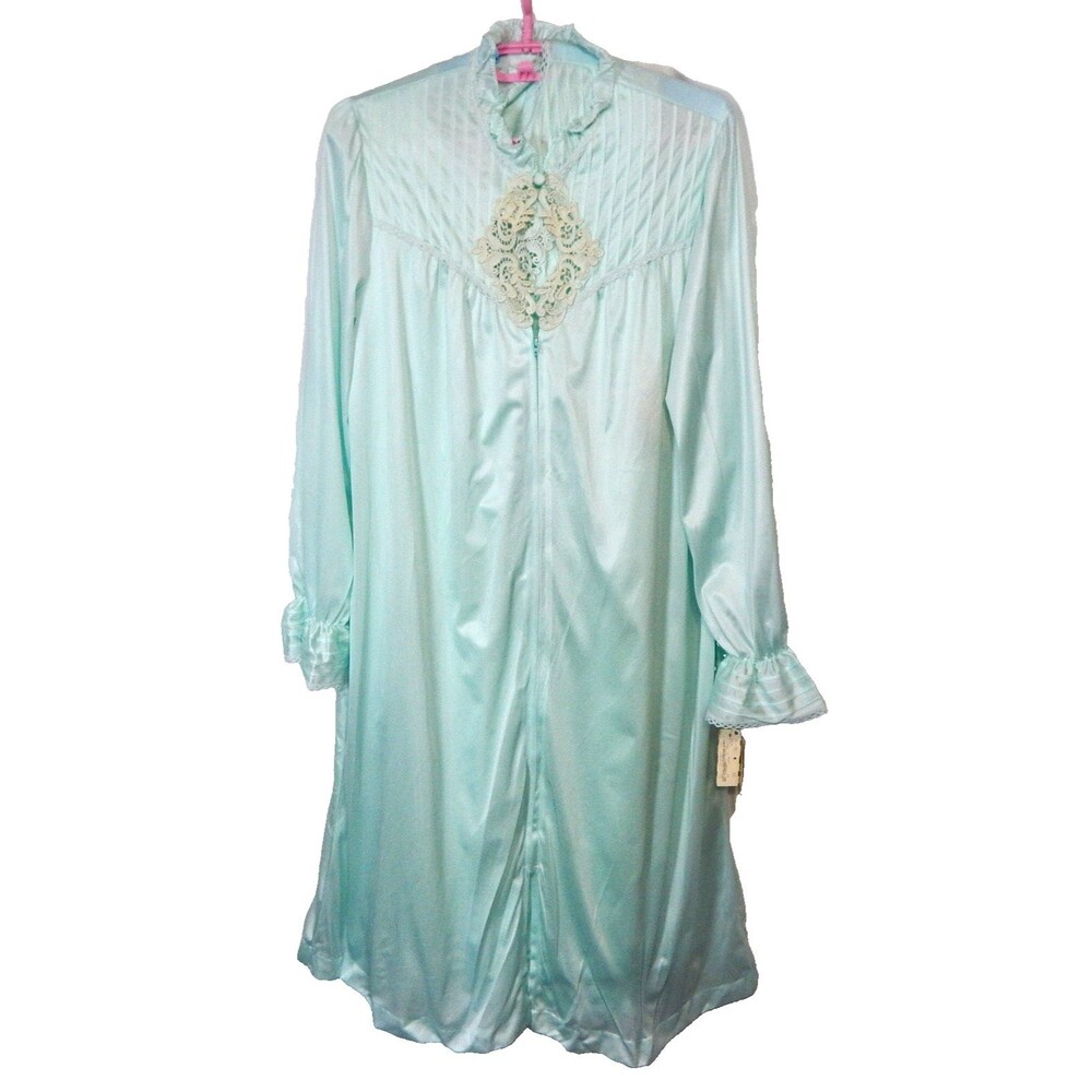 GOSSARD ARTEMIS Aqua Set Robe & Nightgown Gown Knee Length Nylon Lace Sz M #7292